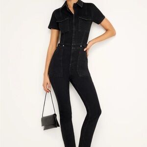 Good American Black Short-Sleeve Denim Jumpsuit